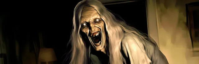 Befriended Curse key art: a screaming old woman with long white hair and glowing eyes in a dark room