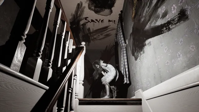 A pale girl crouches at the top of a staircase under the words save me smeared on the ceiling