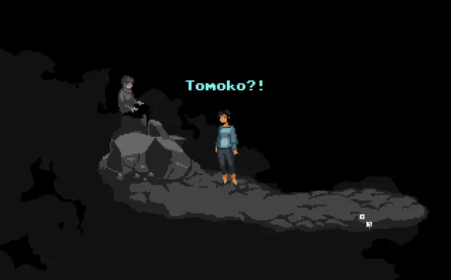Being Her Darkest Friend: Selina stands on a rock ledge in the dark as a grey figure with red eyes sits above her, with the line 'Tomoko?!'