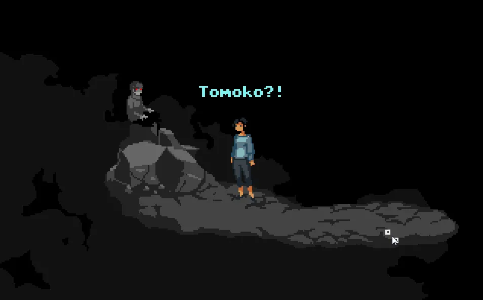 Being Her Darkest Friend: Selina stands on a rock ledge in the dark as a grey figure with red eyes sits above her, with the line 'Tomoko?!'