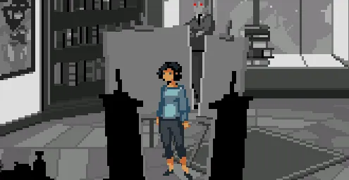 Selina in a grey art studio of the nightmare, a man with glowing red eyes standing behind her