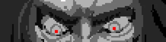 Close-up of a grey, frowning face with red pupils from Selina's nightmare