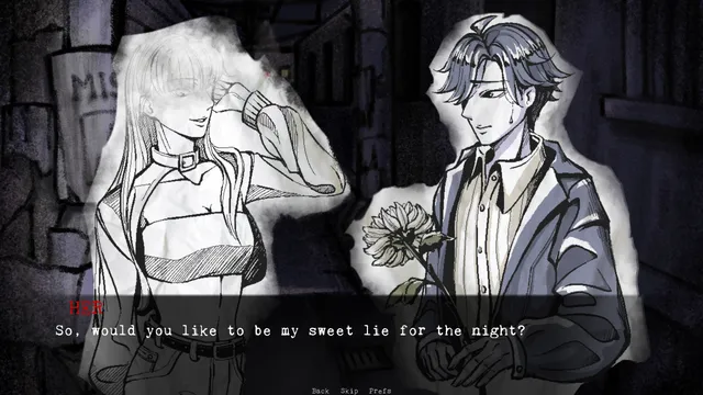 Ink-drawn art of a pale woman and a man holding a flower outside a bar, as he asks: So, would you like to be my sweet lie for the night?