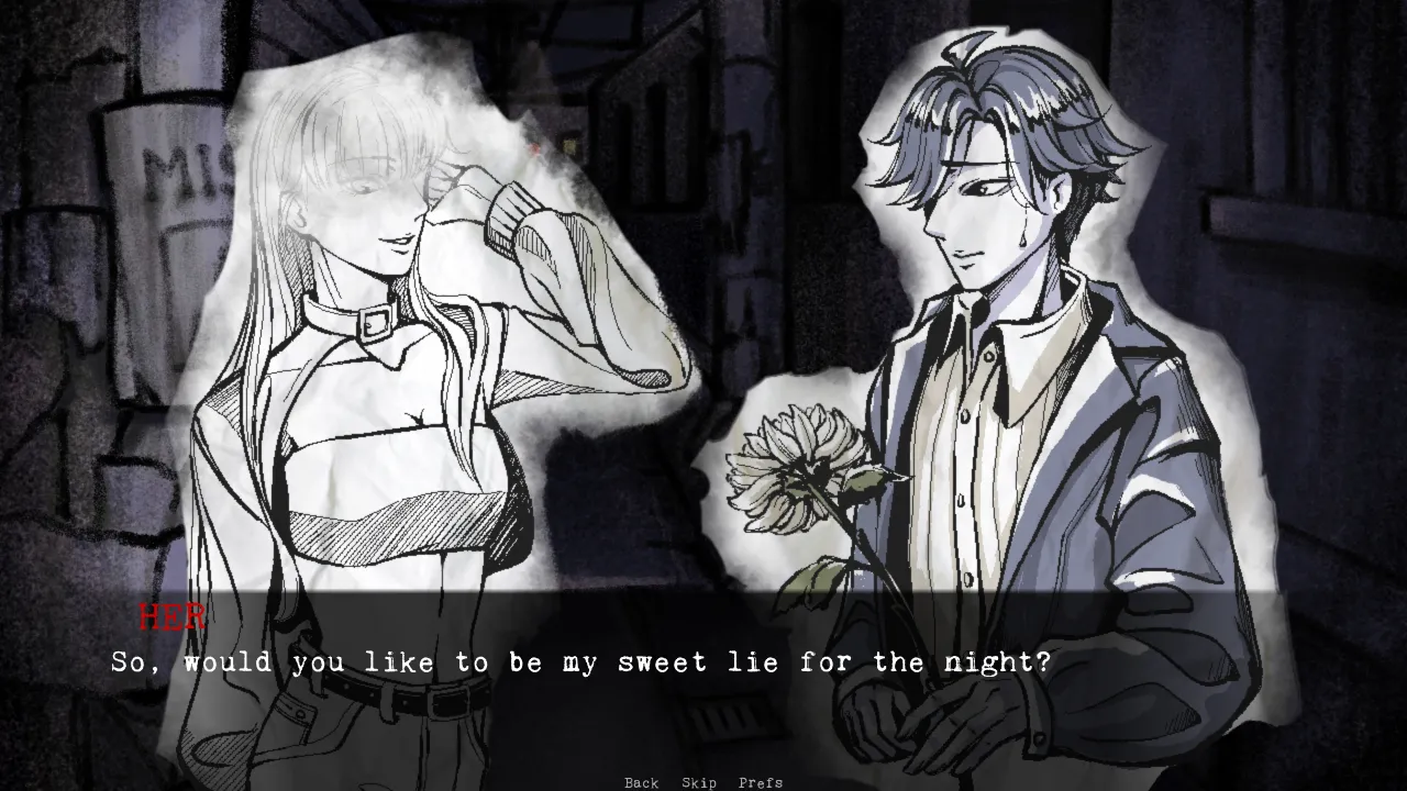 Ink-drawn art of a pale woman and a man holding a flower outside a bar, as he asks: So, would you like to be my sweet lie for the night?