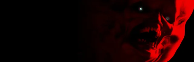 Below, Rusted Gods art: a grinning demonic face lit red against a black background