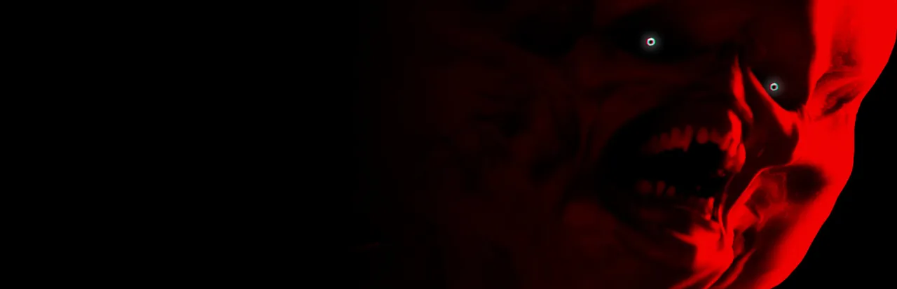 Below, Rusted Gods art: a grinning demonic face lit red against a black background