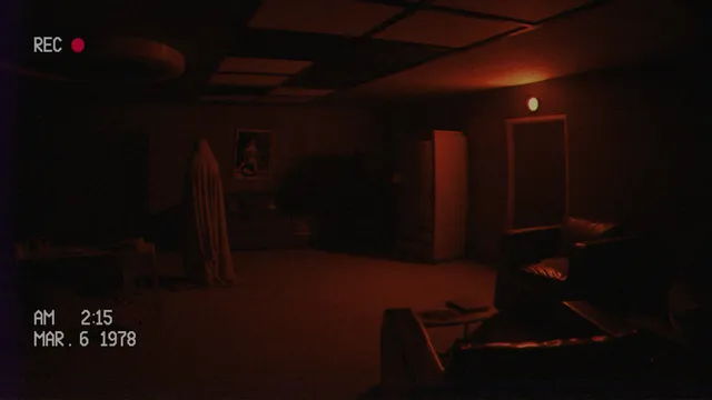 A dark red-lit lounge with a shrouded figure standing near the far wall