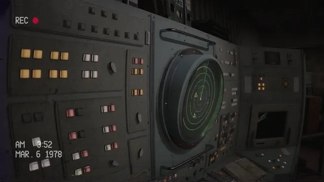 A control room wall of switches, lamps and a green radar screen, seen through a REC camcorder overlay dated March 1978