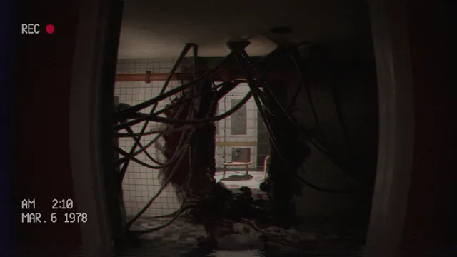 A tiled room seen through a doorway, its wall burst open by a tangle of black cables and flesh