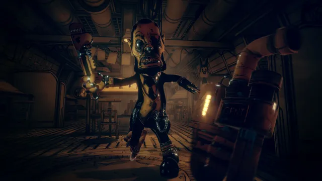 Bendy and the Dark Revival screenshot: a grinning ink creature in a suit with a huge wrench lunges forward in a dim studio corridor