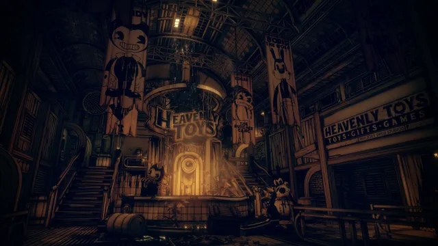 Bendy and the Dark Revival screenshot: a sepia hall under a Heavenly Toys sign with banners of Bendy and Boris the Wolf and a grand staircase