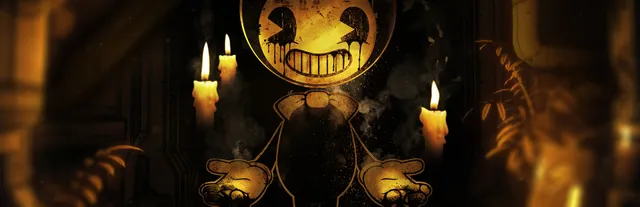 Bendy and the Dark Revival key art: the grinning cartoon Bendy with ink dripping from his eyes, arms spread between lit candles in a dark studio