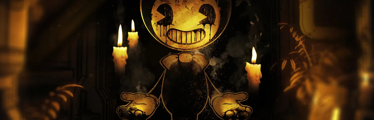 Bendy and the Dark Revival key art: the grinning cartoon Bendy with ink dripping from his eyes, arms spread between lit candles in a dark studio