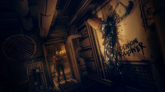Bendy and the Dark Revival screenshot: a figure pinned to a wall in black ink beside the scrawled words Demon Follower, with a woman in a doorway
