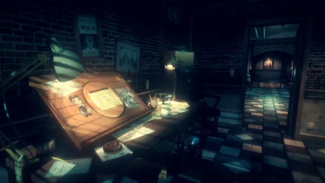 Bendy and the Dark Revival screenshot: an animator's desk with Bendy drawings under a lamp, beside a door to a checkered hallway