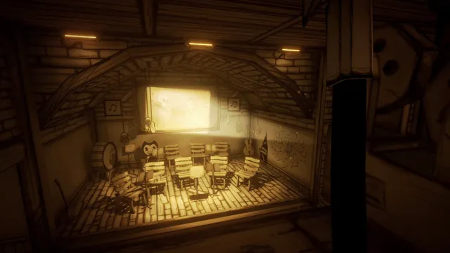 Bendy and the Ink Machine screenshot: a sepia music room with chairs and a Bendy cartoon playing on the screen