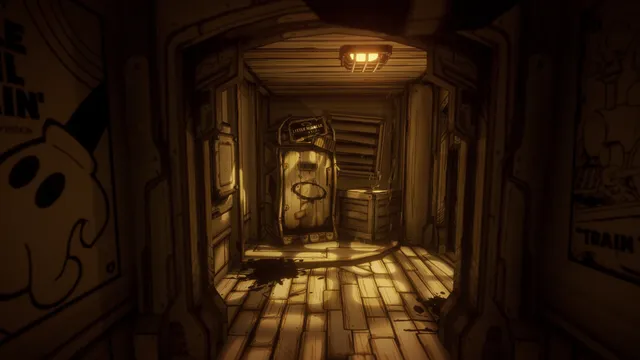 Bendy and the Ink Machine screenshot: a narrow studio corridor with a Bendy poster and ink on the floor
