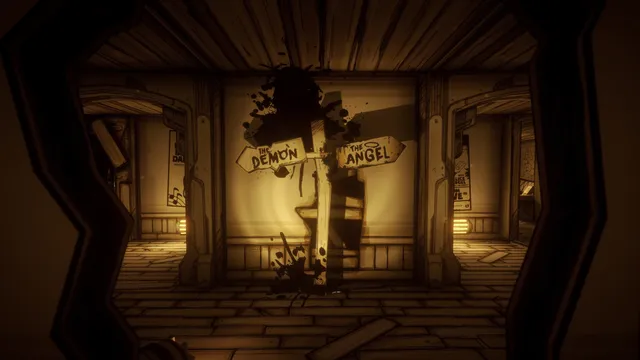 Bendy and the Ink Machine screenshot: an ink-splattered signpost pointing to The Demon and The Angel in a wooden corridor