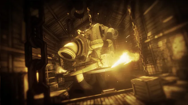 Bendy and the Ink Machine screenshot: the great ink machine hangs from chains, glowing amber and spurting steam