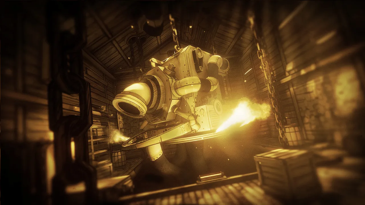 Bendy and the Ink Machine screenshot: the great ink machine hangs from chains, glowing amber and spurting steam
