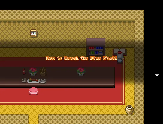 A long dining table in a yellow room, with the title How to Reach the Blue World shown over the scene