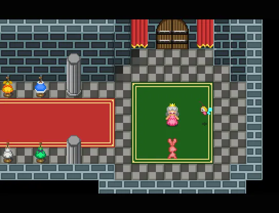 Bevel, a girl in pink, stands on a green rug in a stone castle hall with red curtains and coloured paint bottles on pedestals