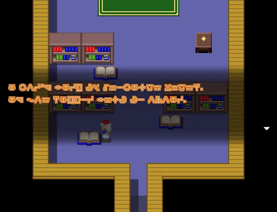 Bevel in a library of bookshelves and open books, with a message written in the made-up Bevelese script