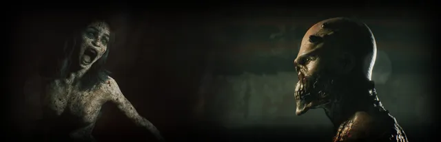Beyond Hanwell key art: a screaming grey-skinned woman and a bald creature with a skeletal jaw facing each other in the dark