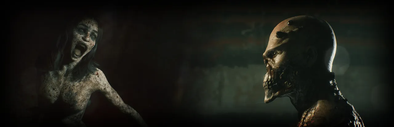 Beyond Hanwell key art: a screaming grey-skinned woman and a bald creature with a skeletal jaw facing each other in the dark
