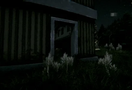 The dark entrance of a striped building among tall grass at night