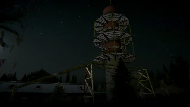 A red and white radio tower and low buildings at night in a grainy, low-poly forest