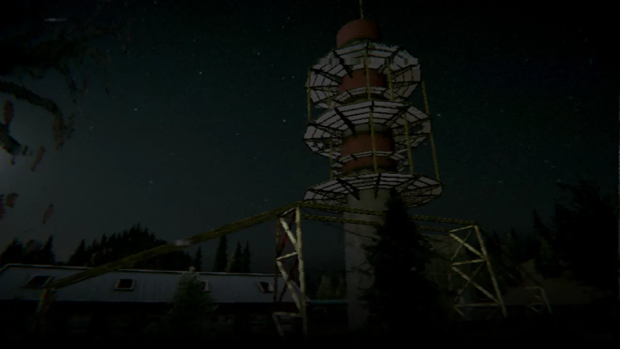 A red and white radio tower and low buildings at night in a grainy, low-poly forest