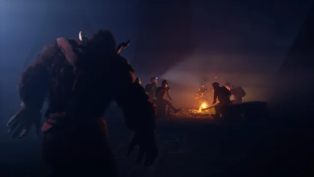 BIGFOOT screenshot: Bigfoot, seen from behind, watches a group of hunters with headlamps around a campfire in the dark