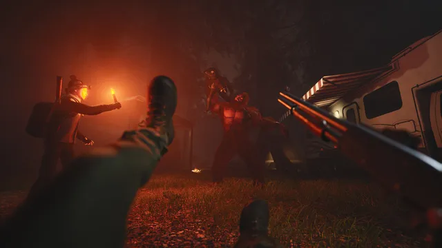 BIGFOOT screenshot: a hunter knocked to the ground points a shotgun at Bigfoot by a camper van at night, while a teammate holds up a red flare