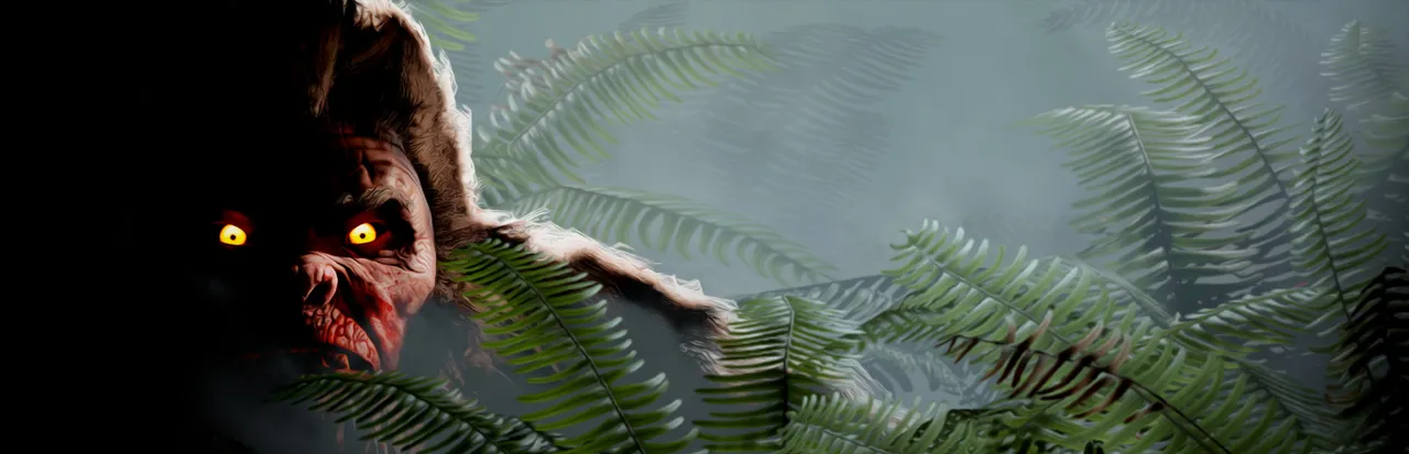 BIGFOOT key art: the creature's hairy face with glowing yellow eyes peers out from behind green ferns in a misty forest