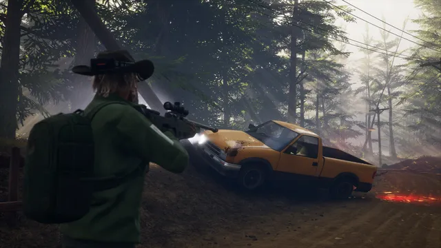 BIGFOOT screenshot: a hunter in a cowboy hat with a backpack aims a scoped rifle near a rusted yellow pickup truck on a forest road