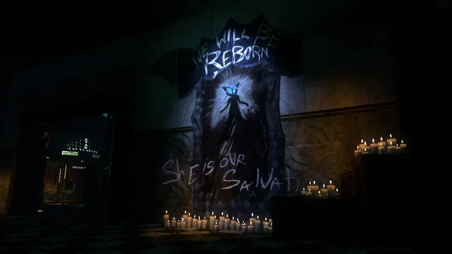BioShock 2 screenshot: a candle-lit shrine under a banner reading We Will Be Reborn, with She Is Our Salvation scrawled on the wall