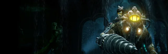 BioShock 2 key art: a Big Daddy with a drill arm and glowing yellow helmet carries a Little Sister on his back in a dim Rapture hall