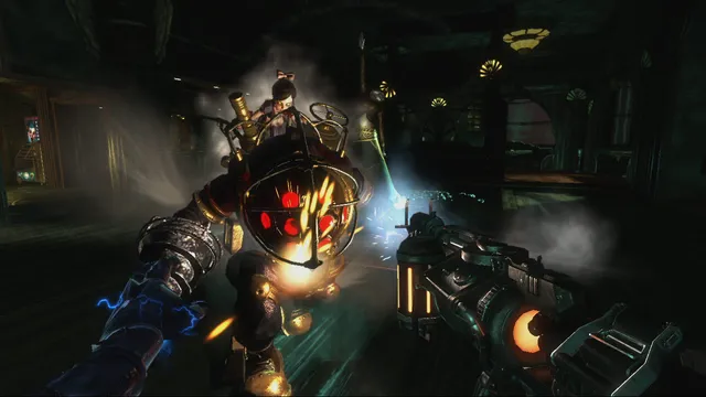 BioShock 2 screenshot: the player's drill and rivet gun face a charging armoured enemy with a glowing red visor
