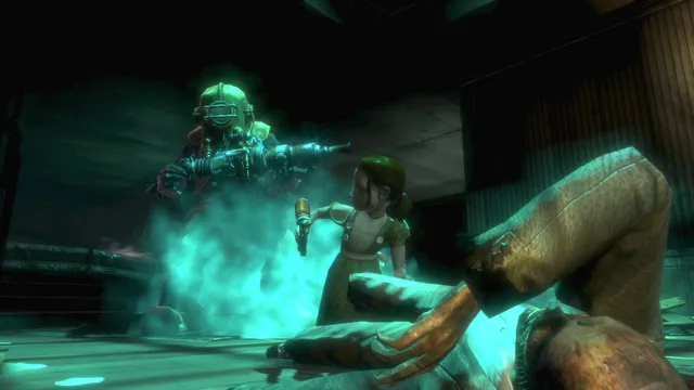 A Big Daddy and a small girl in a green dress stand over a body on a dark floor