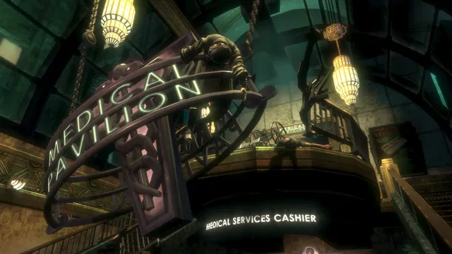 The dim Medical Pavilion entrance in Rapture, with art deco lettering and lamps