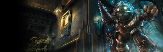 BioShock key art: a Big Daddy in a brass diving helmet with a drill arm stands in a dark art deco hall
