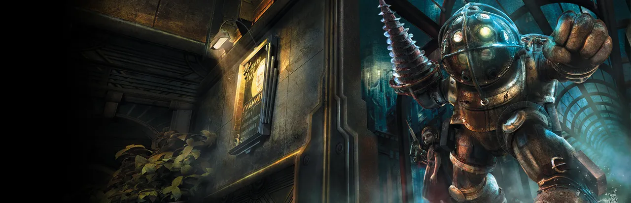 BioShock key art: a Big Daddy in a brass diving helmet with a drill arm stands in a dark art deco hall