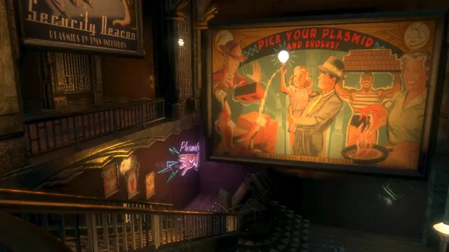 A poster reading 'Pick your plasmid and evolve' hangs over a dark balcony in Rapture