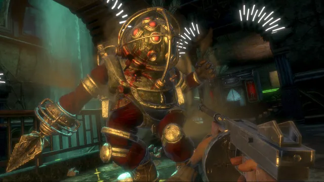 A Big Daddy charges with its drill raised while the player aims a tommy gun