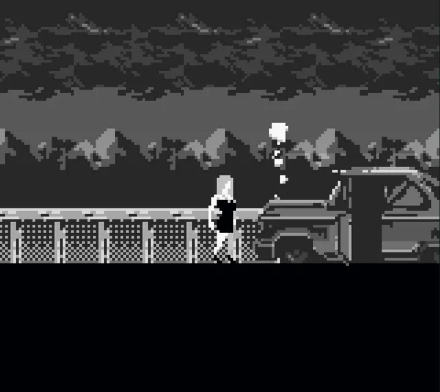 A pale-haired woman stands on a dark road beside a broken-down car under a stormy sky, in grey Game Boy pixel art