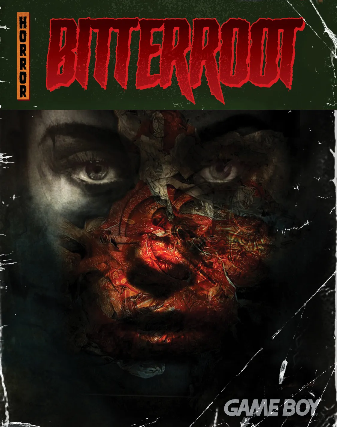 Bitterroot box art in the style of an old horror paperback: a woman's face half eaten away by red, rotted flesh, under a dripping red title