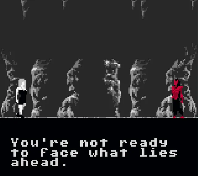 A red figure faces the woman across a room of twisted grey shapes: You're not ready to face what lies ahead