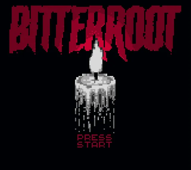 Bitterroot title screen: a dripping white candle under a red title and Press Start