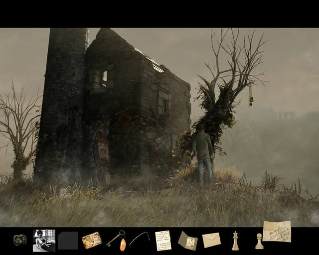 Black Mirror II screenshot: Darren looks up at a ruined stone tower beside a dead, twisted tree on a foggy hill